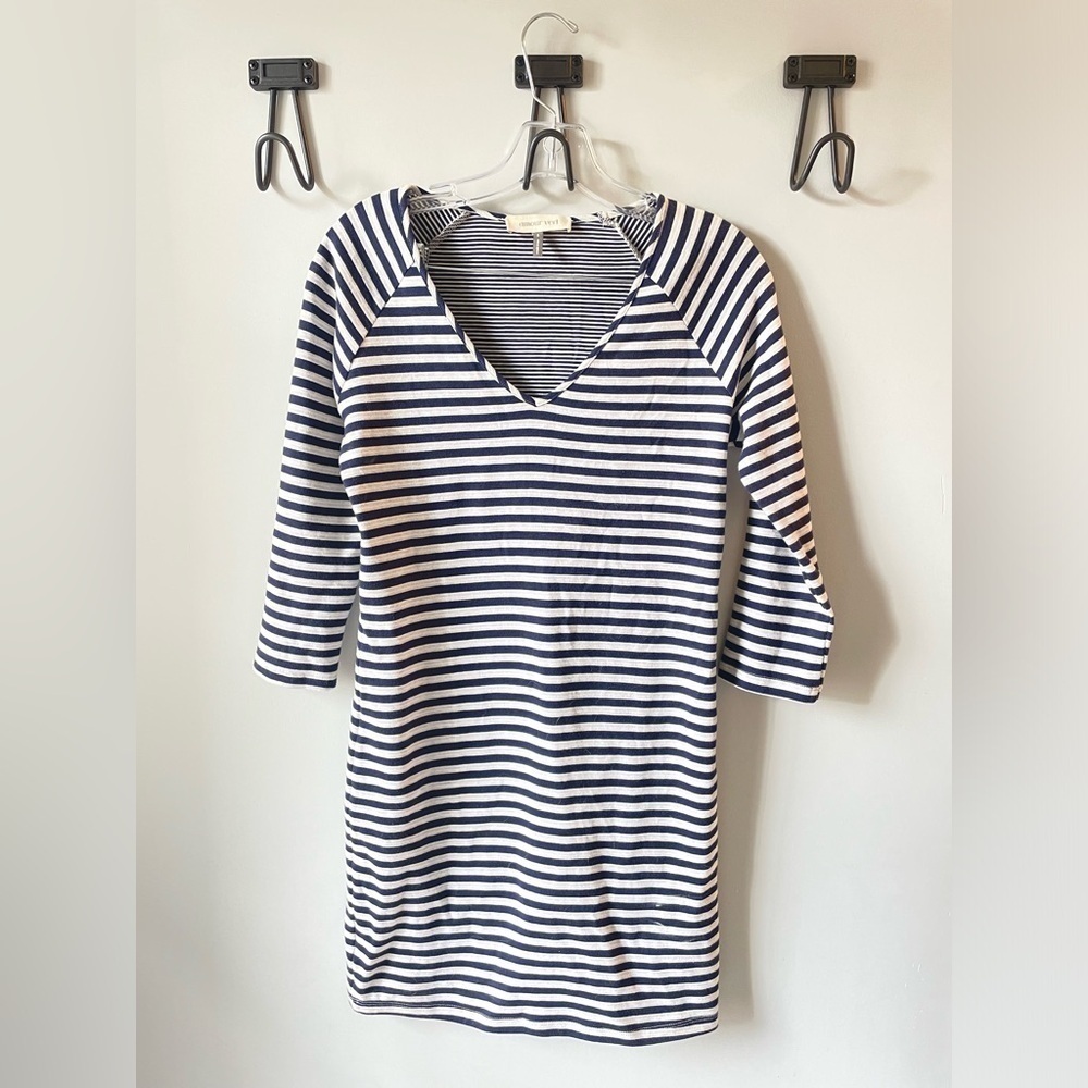 Amour Vert for Anthropologie, S, navy and gray half sleeve bodycon mini dress